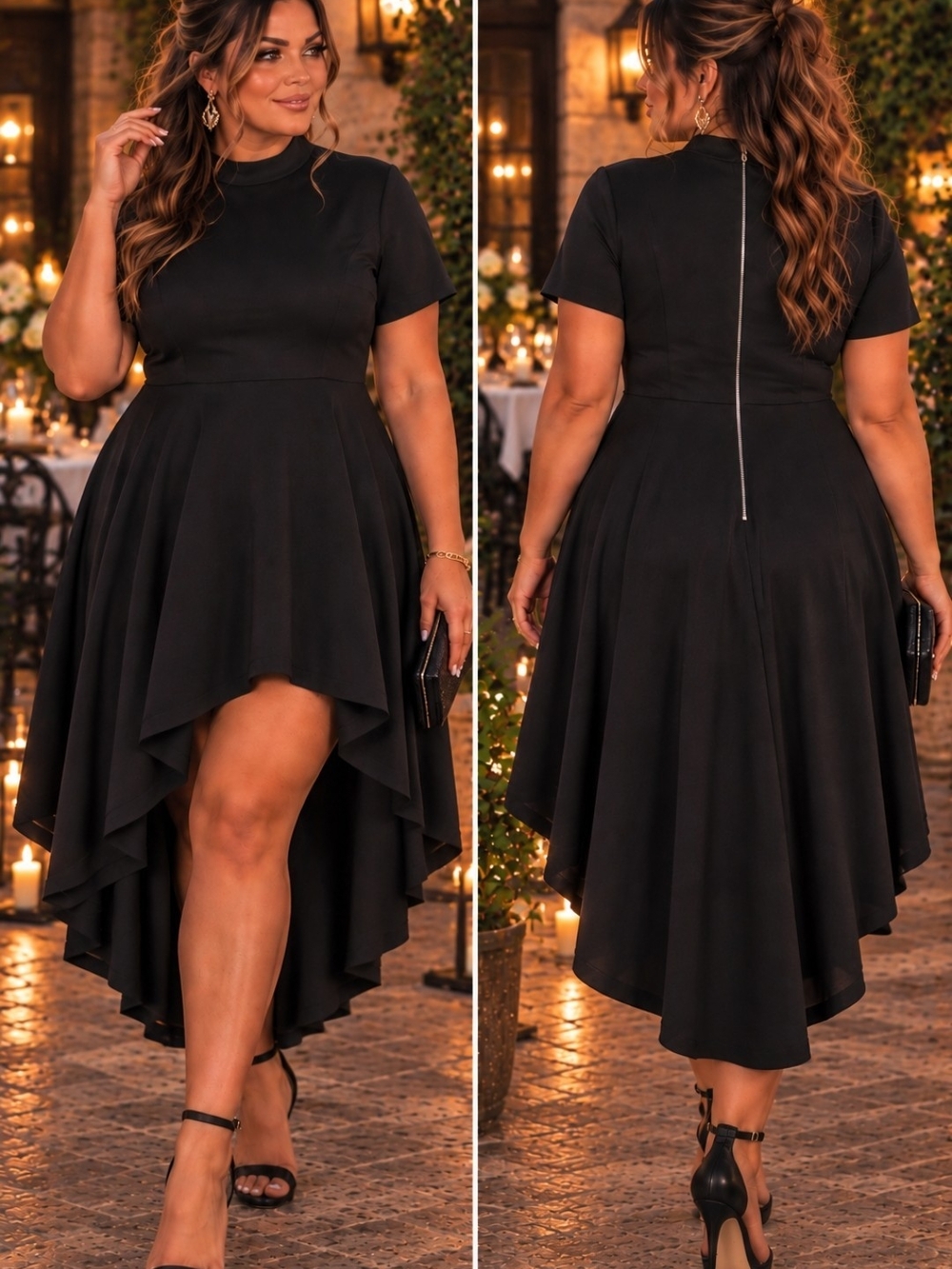 Black High Low Asymmetrical Fit-and-Flare Peplum Dress Short Sleeve XXL